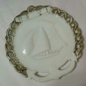 Antique White Sail Milkglass Hanging Memory Plate